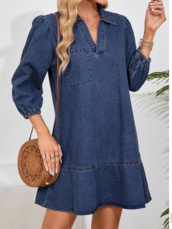 Dresses & Skirts - Denim Dress for Women Summer Casual Babydoll 2026 V Neck 3/4 Puff Sleeve Jean XL